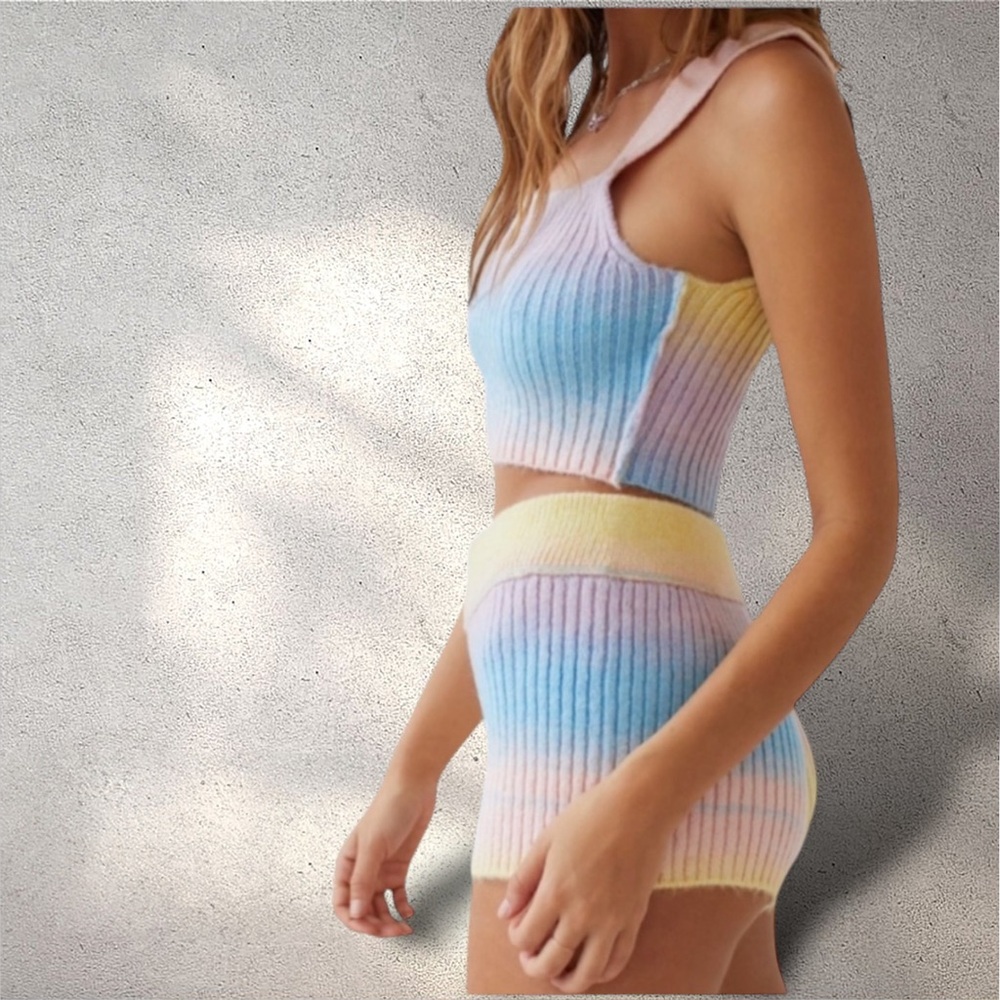 Urban Outfitters Rainbow Knit Lounge Set Crop Tank + Shorts NWT Sold Out Large